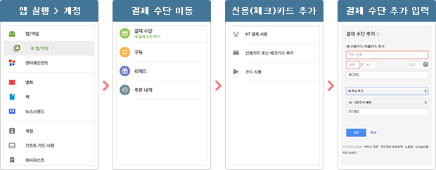 앱 실행>게정 / 결제 수단 이동 / 신용(체크)카드 추가 / 결제 수단 추가 입력
