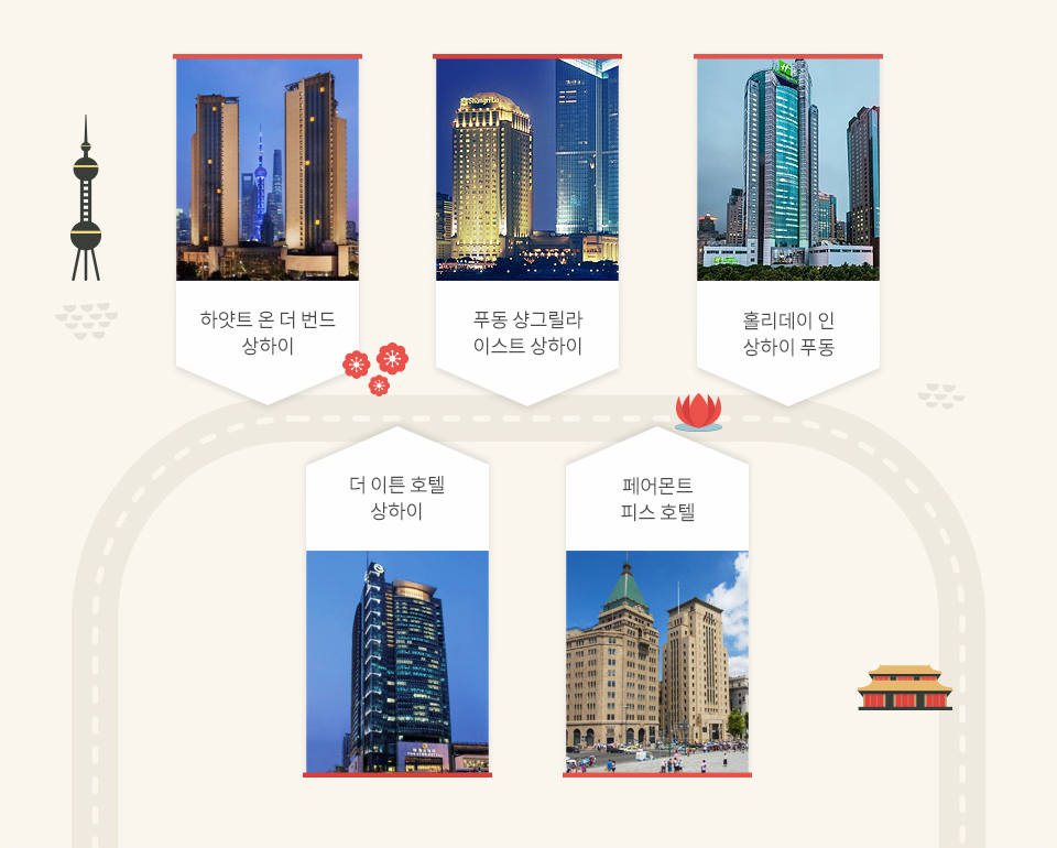 하얏트 온 더 번드 상하이, 푸동 샹그릴라 이스트 상하이, 홀리데이 인 상하이 푸동, 더 이튼 호텔 상하이, 페어몬트 피스 호텔